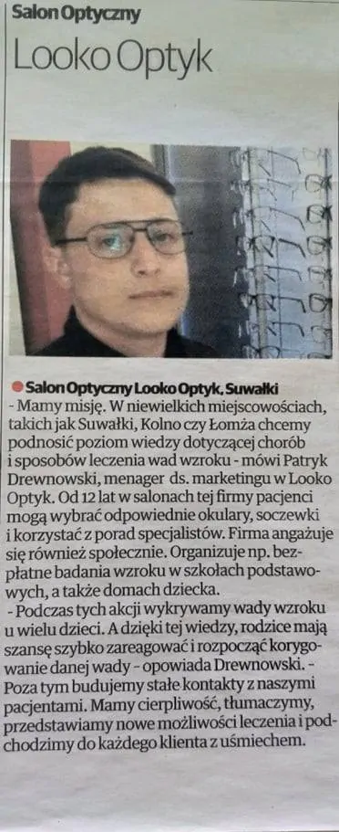 Wycinek z gazety, w którym napisano, że salon optyczny Looko optyk zajął III miejsce w konursie Hipkrates w 2019 roku